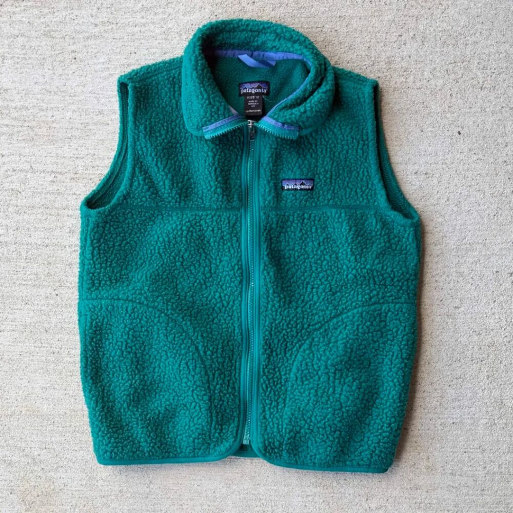 Vintage 90s Patagonia Kids Deep Pile Fleece Vest Size 12 Made in USA Teal Green